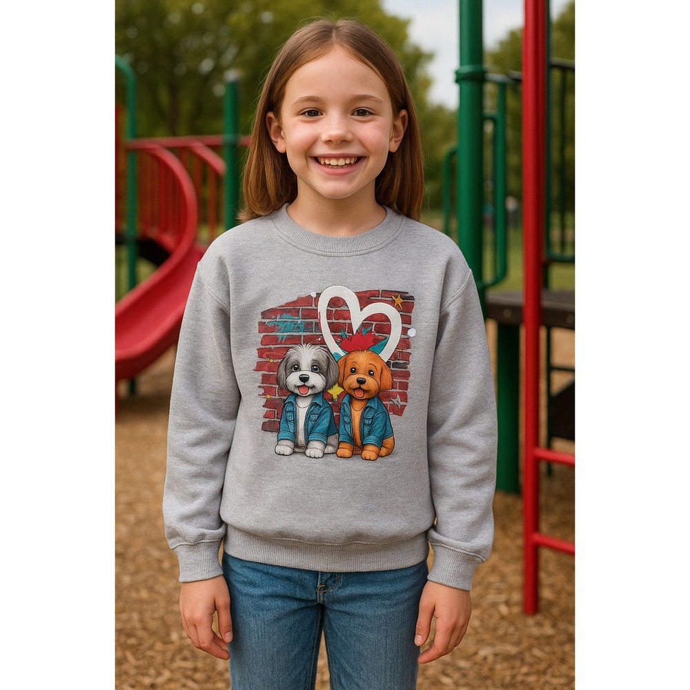 Kids Puppy Sweatshirt Gray Crewneck Dogs Graphic Street‎ Art Size 12 Playful Fun